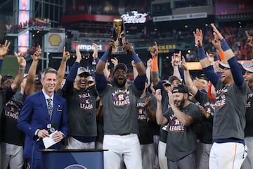 Oct 22, 2021; Houston, Texas, USA; Houston Astros designated hitter Yordan Alvarez (44) celebrates with teammates after defeating the Boston Red Sox to advance to the World Series after game six of the 2021 ALCS at Minute Maid Park. Mandatory Credit: Troy