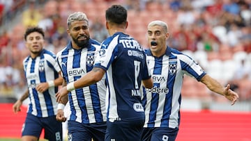 Jul 26, 2023; Sandy, UT, USA; Monterrey midfielder Rodrigo Aguirre (29), left,  midfielder Maxi Meza (11) and forward German Berterame (9) celebrate a first half goal against the Real Salt Lake at America First Field. Mandatory Credit: Jeff Swinger-USA TODAY Sports